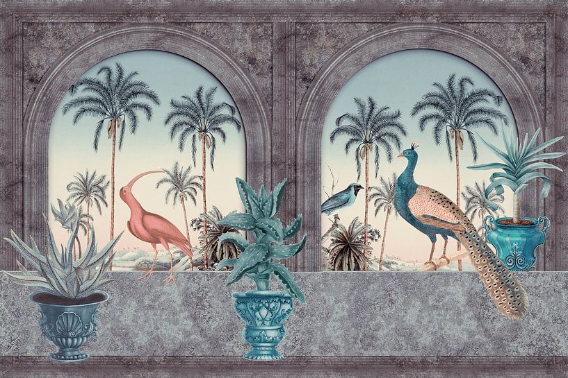 Tropische ochtend met pauw en reiger van Andrea Haase