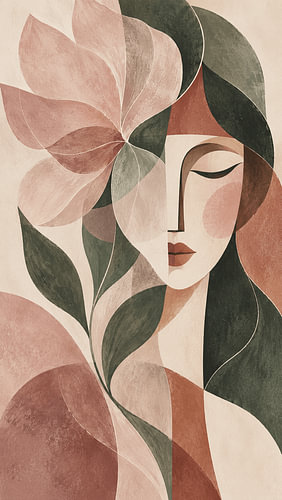 Serene Woman Profile with Pink Geometric Flower and Green Foliage - Abstract Art Portrait