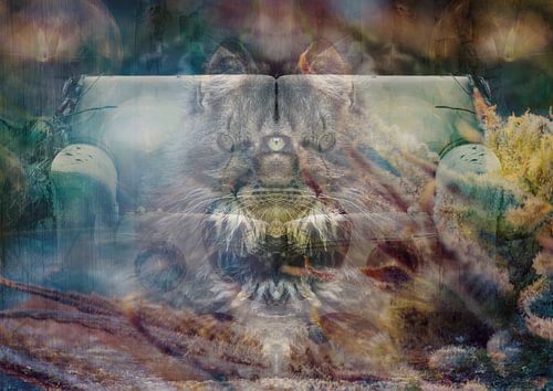 De kat met drie ogen op de bank in het bos