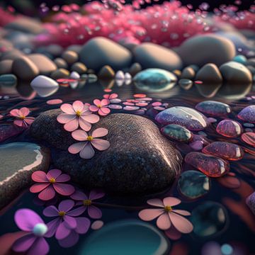 Rosa Blumen auf Steinen im Wasser von Natasja Haandrikman