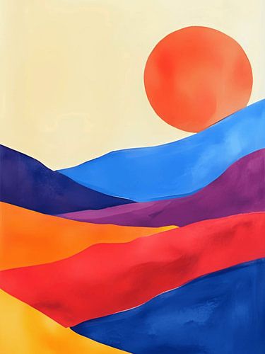 Rode zon boven kleurrijke velden