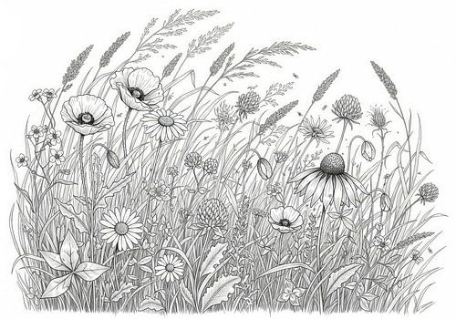 Schwarz-Weiß-Illustration von Wildblumen und Gräsern