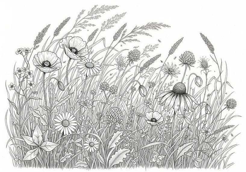 Black and White Illustration of Wildflowers and Grasses by Markus Gann