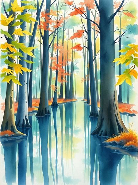 Reflections of Autumn's Embrace: A Serene Journey Through a Tranquil Forest Stream by Artistic