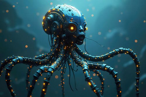 Mechanische octopus met oplichtende lampjes verkent een digitale oceaan