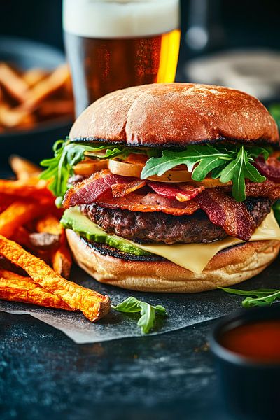 Sappige hamburger met zoete aardappelfrietjes van Poster Art Shop