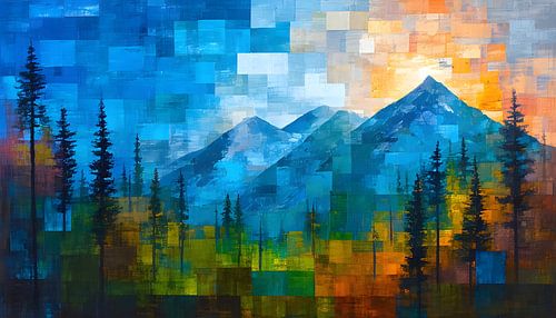 Abstract bos en bergen olieverf