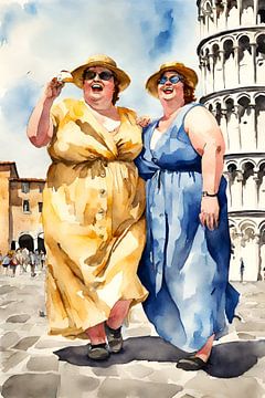 2 Cosy ladies at the tower of Pisa by De gezellige Dames