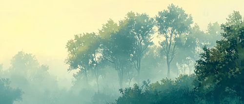 Dageraad in het mistige bos