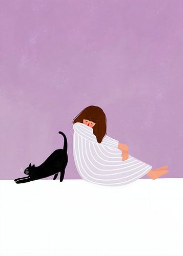 Minimalist illustration of a woman in a cozy sweater with her cat