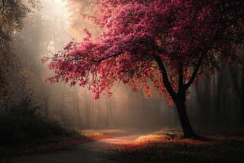Autumn Forest with Red Tree - Warm Mysterious Artwork