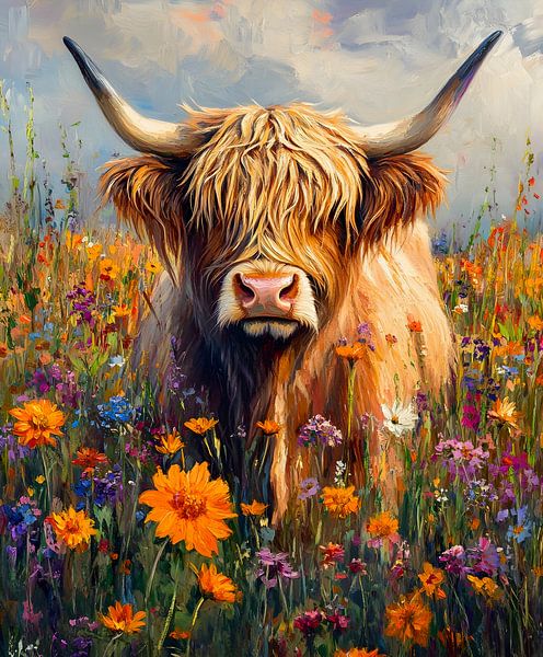 Vrolijke Hooglander in Bloemenweide van But First Framing