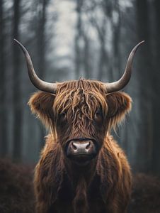 Schottischer Highlander im mystischen Wald