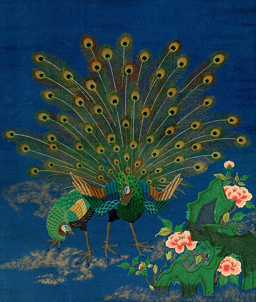 Paon se montrant à la poule d'eau, G.A. Audsley par Des maîtres magistraux