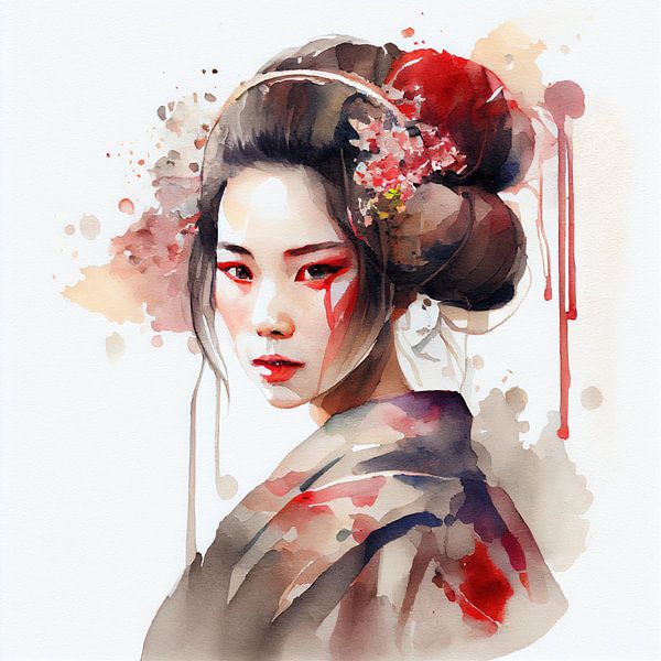 Aquarel Moderne Geisha #2 van Chromatic Fusion Studio