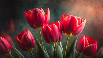 Tulipes en rouge et fond sombre sur Mustafa Kurnaz