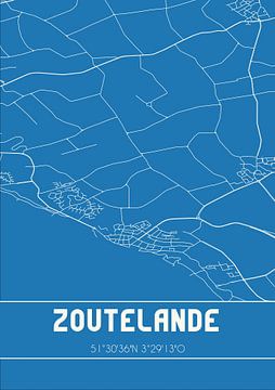 Blauwdruk | Landkaart | Zoutelande (Zeeland) van MijnStadsPoster