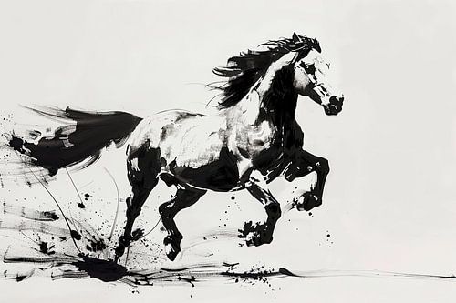 Horse at a gallop black-and-white painting by Vlindertuin-Art