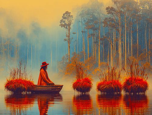 Flotter dans le silence | Paysage brumeux figuratif sous forme d'œuvre d'art murale onirique