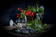 Nature morte avec arrosoir bleu, cruche en étain et raisins bleus par Marianne van der Zee Aperçu