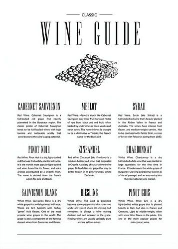 Classic Wine Guide Infographic with Grapes and Variety Descriptions