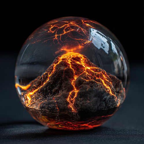 Vulkan mit orangefarbener Lava in einer Glaskugel