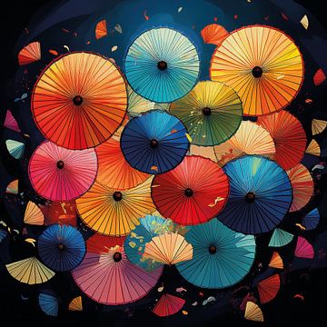 Illustratie van kleurrijke Japanse paraplu's op zwart