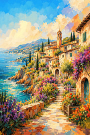 Sonniges mediterranes Küstendorf am Meer im impressionistischen Stil von STUDIO ARTSY