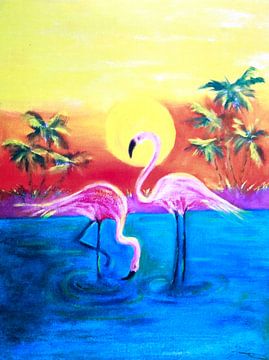 Flamingos at sunset by Maria Lakenman