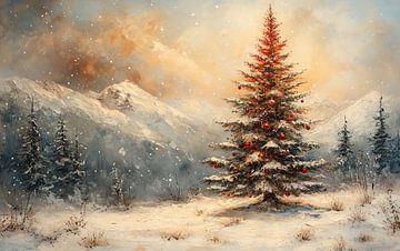 Arbre de Noël Rouge sur Peinture Abstraite