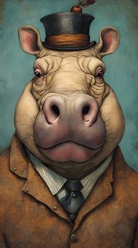 Nijlpaard gentleman in stijl met hoed van Betty Maria Digital Art