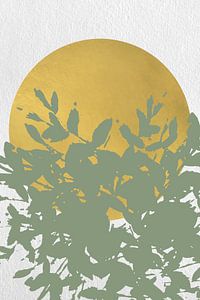 Japandi. Abstracte botanische twijgen in pastel saliegroen met gouden zon op wit van Dina Dankers