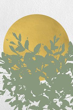Japandi. Abstracte botanische twijgen in pastel saliegroen met gouden zon op wit