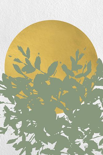 Japandi. Abstracte botanische twijgen in pastel saliegroen met gouden zon op wit