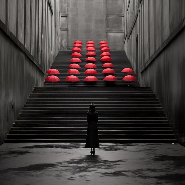 Lady looks at staircase with red umbrellas by Wim Stolwerk