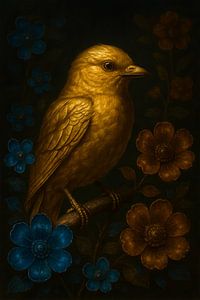 Goldene Sängerin zwischen Blumen