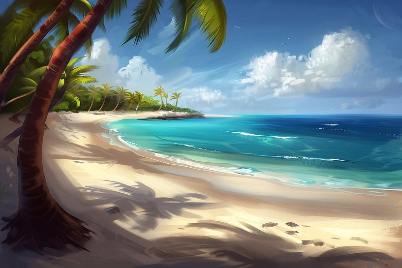 Beach with palm trees and clear water by Imperial Art House