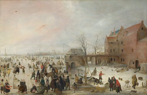 Een scène op het ijs bij een stad, Hendrick Avercamp