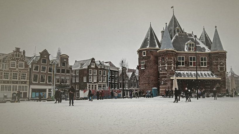 Old vintage print of the Nieuwmarkt in Amsterdam in the winter by Eye on You