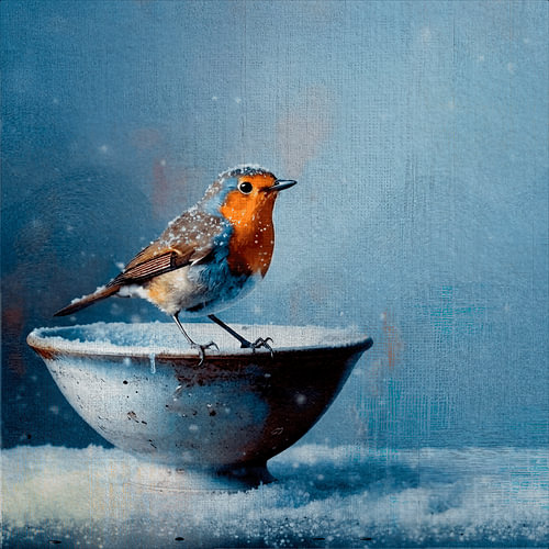 A peaceful winter! A robin on a ceramic bowl with a dusting of snow by Studio Pieternel