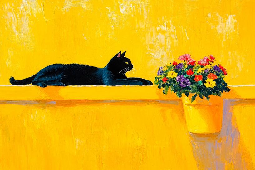 Chat noir sur fond jaune par Poster Art Shop
