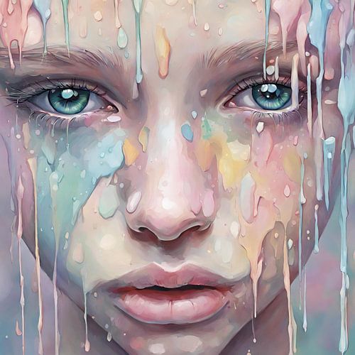Tranen van kleur - 'Tears of pastel colours'. Een dromerig gezicht met een zachte melancholische uitstraling.