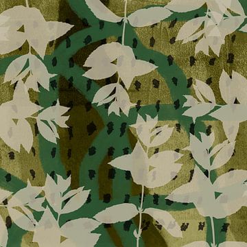 Abstract botanisch. Bladeren in wit op groen en mosterd. van Dina Dankers