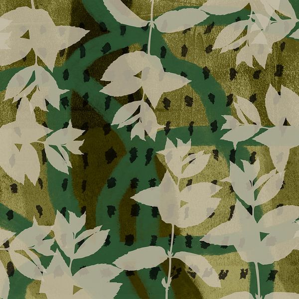 Abstract botanical. Leaves in white on green and mustard. by Dina Dankers