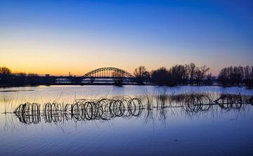 Sunset over high water Ooijpolder with reed and bridge by Machiel Zwarts