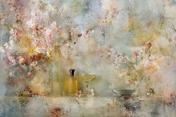 Peinture romantique de fleurs, composition rêveuse aux couleurs pastel, œuvre d'art abstraite et poétique