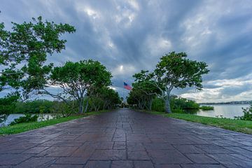 Verenigde Staten, Florida, Pad van bestrating door steeg van eeuwenoude bomen tussen water met vlag van de vs erachter van adventure-photos