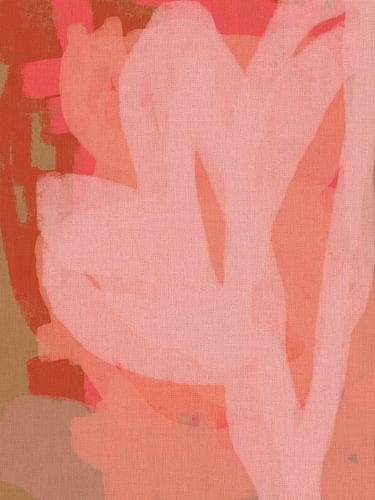 Roze bloem op oranje en terra. Abstracte botanische gemengde techniek.