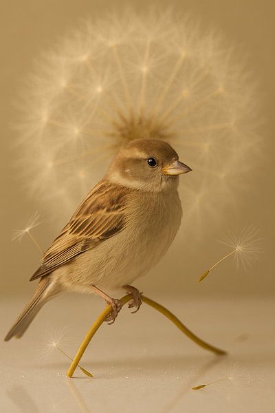 Soft silence - sparrow with dandelion fluff in warm shades by Kleurenrijk