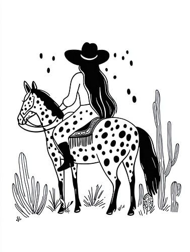 Cowgirl on dotted horse among cacti
